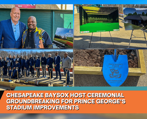 A collage featuring officials at a groundbreaking event, architectural renderings, a ceremonial blue shovel, and the text: Chesapeake Baysox host ceremonial groundbreaking for Prince George’s stadium improvements.