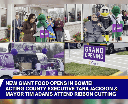A collage shows officials and a mascot at the Giant Food grand opening in Bowie, including speeches, a ribbon cutting, and a branded van. Event signs and crowds are visible. Text highlights the presence of local leaders.