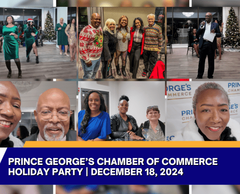 A collage of people celebrating at the Prince George’s Chamber of Commerce Holiday Party on December 18, 2024, with festive sweaters, Christmas trees, and group photos in a decorated venue.